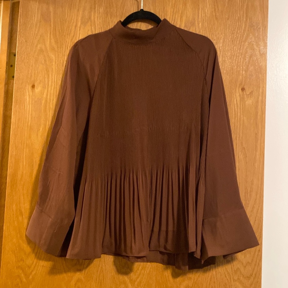 Brown Mock Neck Pleated Blouse